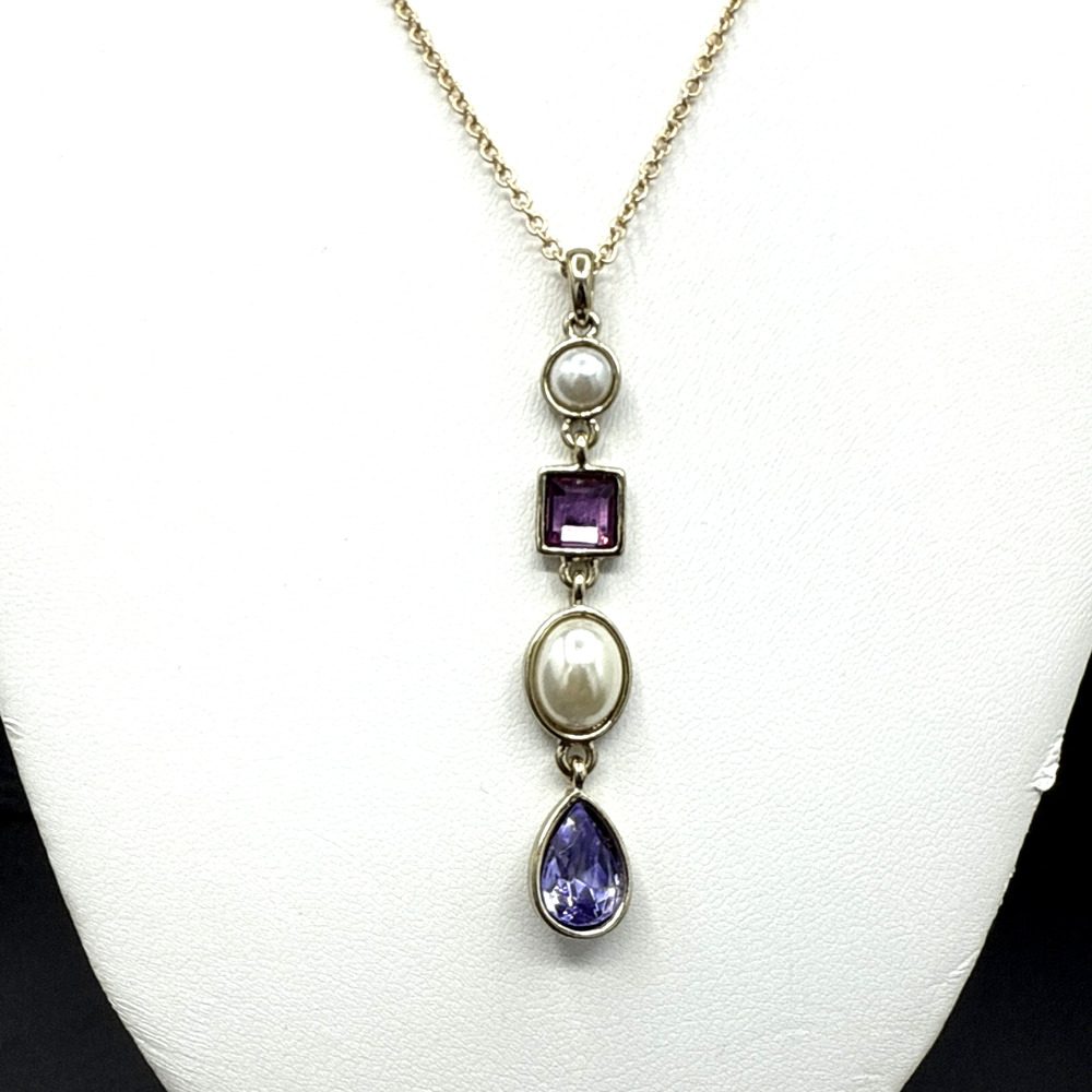 Vintage Avon SAQ Necklace 16" Faux Pearl Purple Crystal Gold Tone Chain‎ 1980s